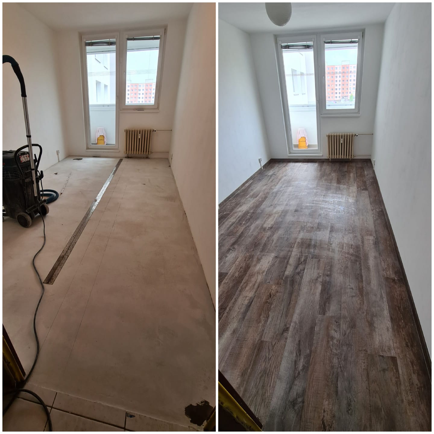 Fotografie před pokládkou podlahy a po realzaci